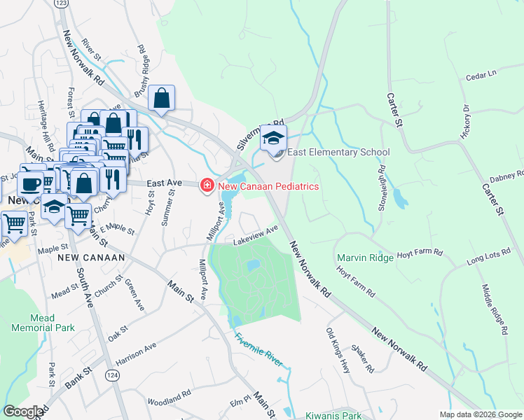 map of restaurants, bars, coffee shops, grocery stores, and more near 186 Lakeview Avenue in New Canaan