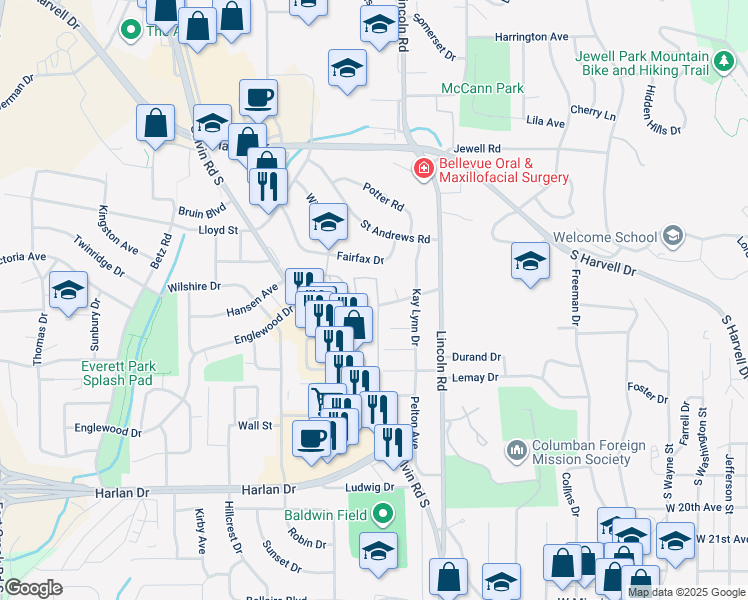map of restaurants, bars, coffee shops, grocery stores, and more near 1210 Sunny Lane in Bellevue