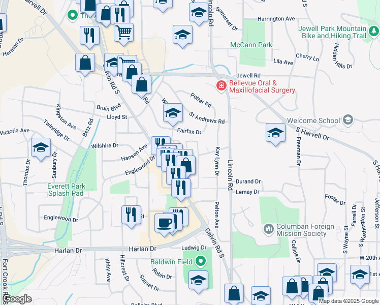 map of restaurants, bars, coffee shops, grocery stores, and more near 1409 Galvin Road South in Bellevue