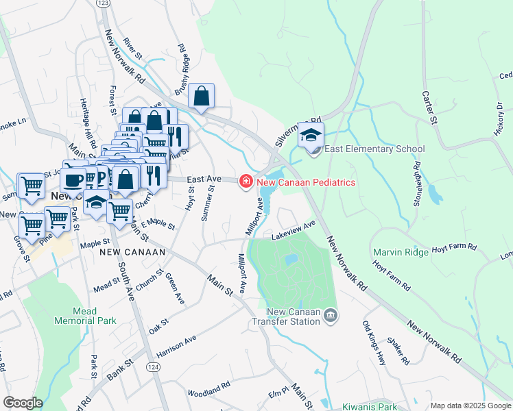 map of restaurants, bars, coffee shops, grocery stores, and more near 33 Millport Avenue in New Canaan