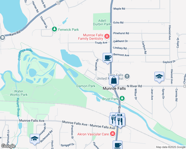 map of restaurants, bars, coffee shops, grocery stores, and more near 157 Mulberry Lane in Munroe Falls