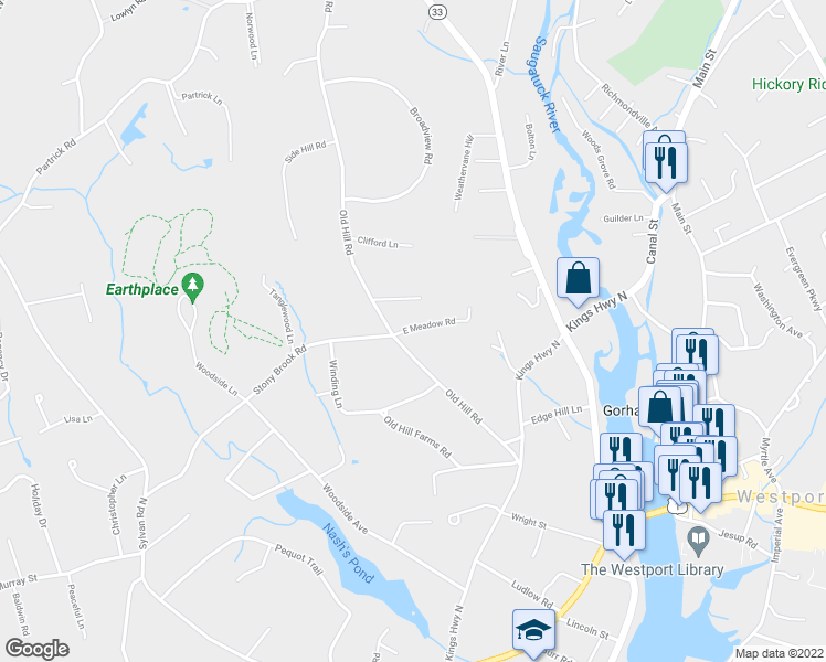 map of restaurants, bars, coffee shops, grocery stores, and more near 6 East Meadow Road in Westport