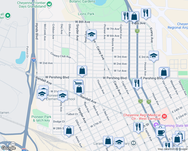 map of restaurants, bars, coffee shops, grocery stores, and more near 3308 Bent Avenue in Cheyenne