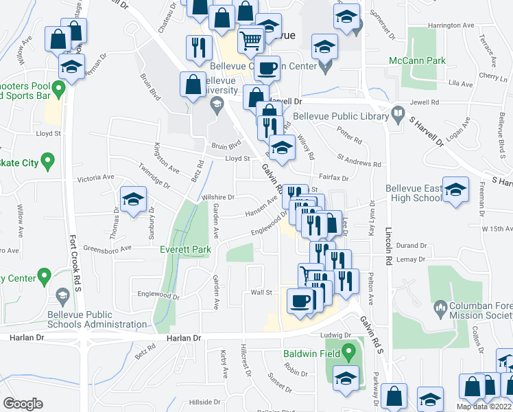map of restaurants, bars, coffee shops, grocery stores, and more near 1301 Wilshire Drive in Bellevue