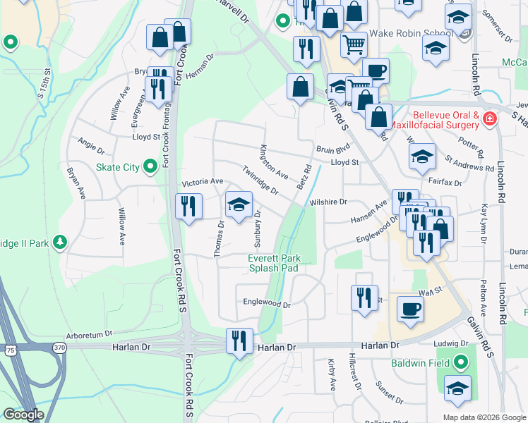 map of restaurants, bars, coffee shops, grocery stores, and more near 2103 Victoria Avenue in Bellevue