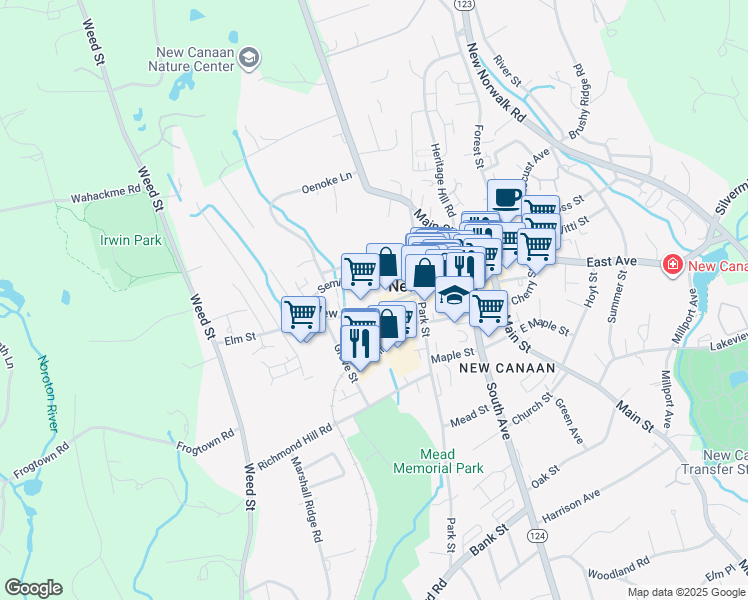 map of restaurants, bars, coffee shops, grocery stores, and more near 199 Elm Street in New Canaan