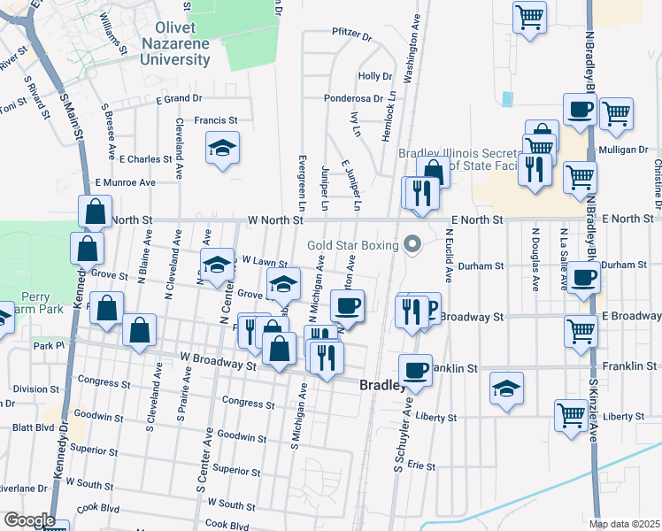 map of restaurants, bars, coffee shops, grocery stores, and more near in Bradley