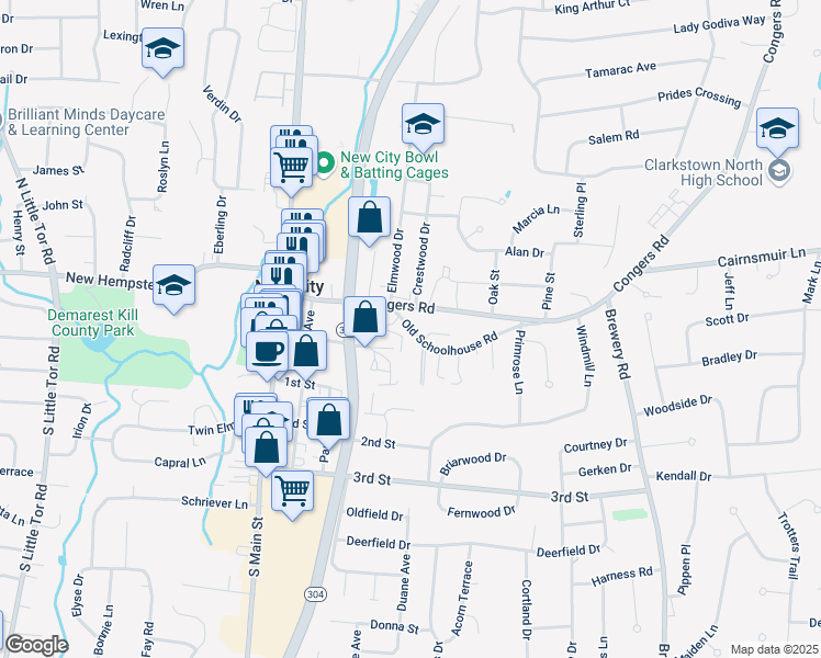 map of restaurants, bars, coffee shops, grocery stores, and more near 701 Old Schoolhouse Road in New City