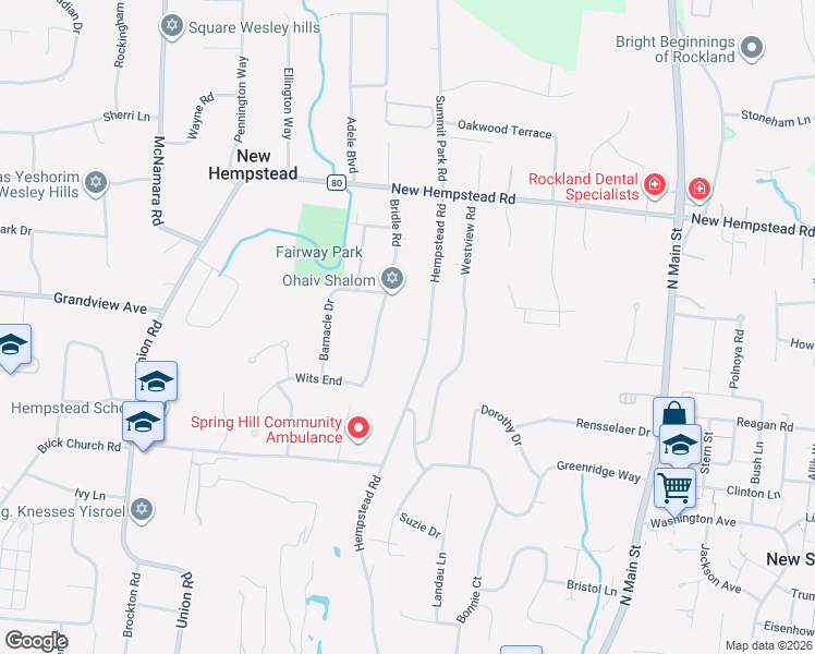map of restaurants, bars, coffee shops, grocery stores, and more near 51 Brick Church Road in Spring Valley