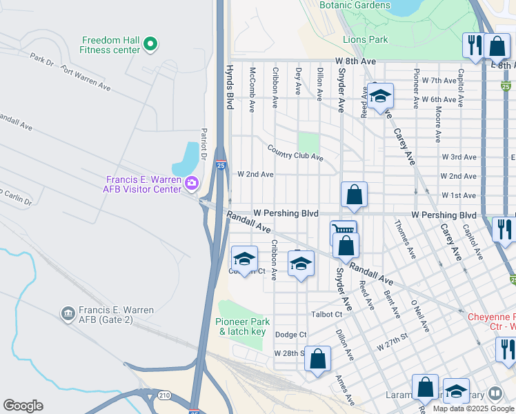 map of restaurants, bars, coffee shops, grocery stores, and more near 1320 W Pershing Blvd in Cheyenne