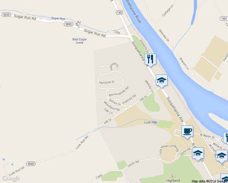 map of restaurants, bars, coffee shops, grocery stores, and more near 36 Sylvan Drive in Lock Haven
