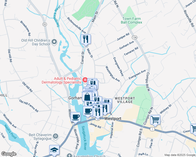 map of restaurants, bars, coffee shops, grocery stores, and more near 1 Saint Johns Place in Westport