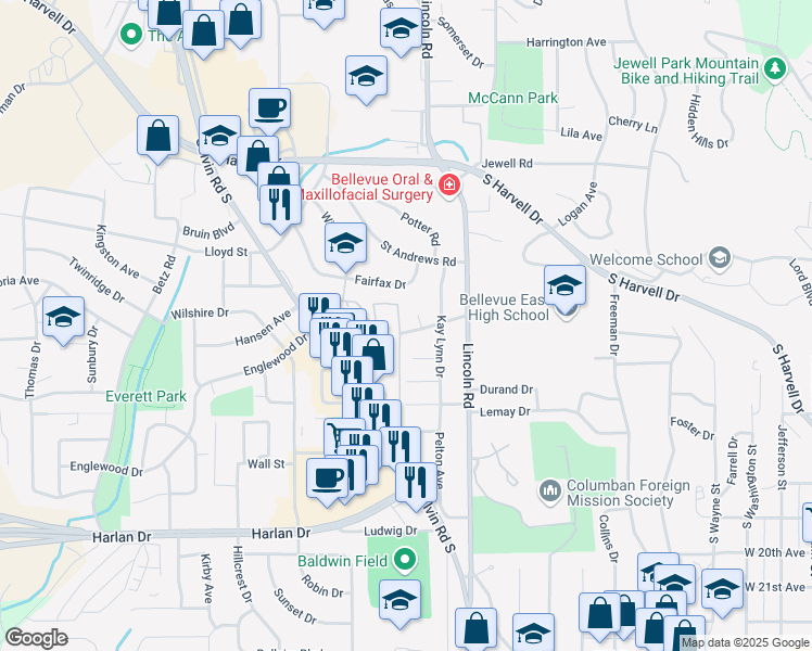 map of restaurants, bars, coffee shops, grocery stores, and more near 1210 Sunny Lane in Bellevue