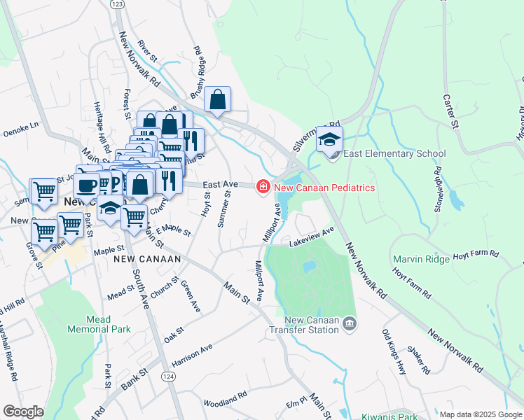 map of restaurants, bars, coffee shops, grocery stores, and more near 35 Millport Avenue in New Canaan