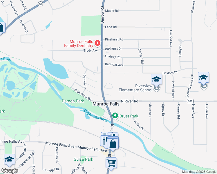 map of restaurants, bars, coffee shops, grocery stores, and more near 22 River Ridge Lane in Munroe Falls