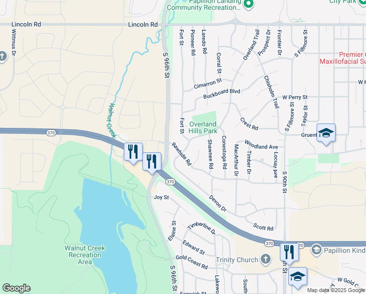 map of restaurants, bars, coffee shops, grocery stores, and more near 1144 Overland Trail in Papillion