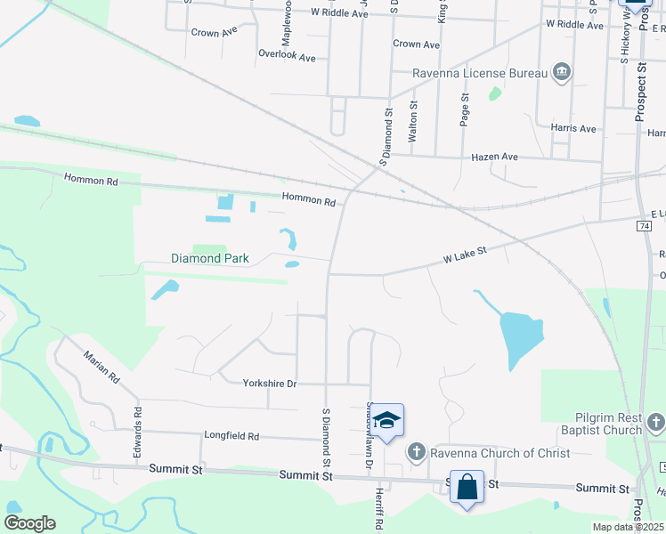 map of restaurants, bars, coffee shops, grocery stores, and more near 23 South Diamond Street in Ravenna