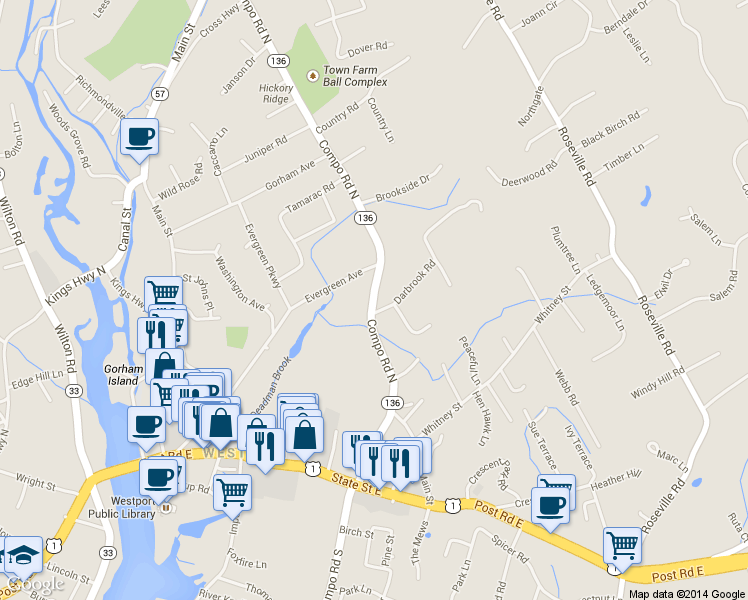 map of restaurants, bars, coffee shops, grocery stores, and more near 60 Compo Rd N in Westport