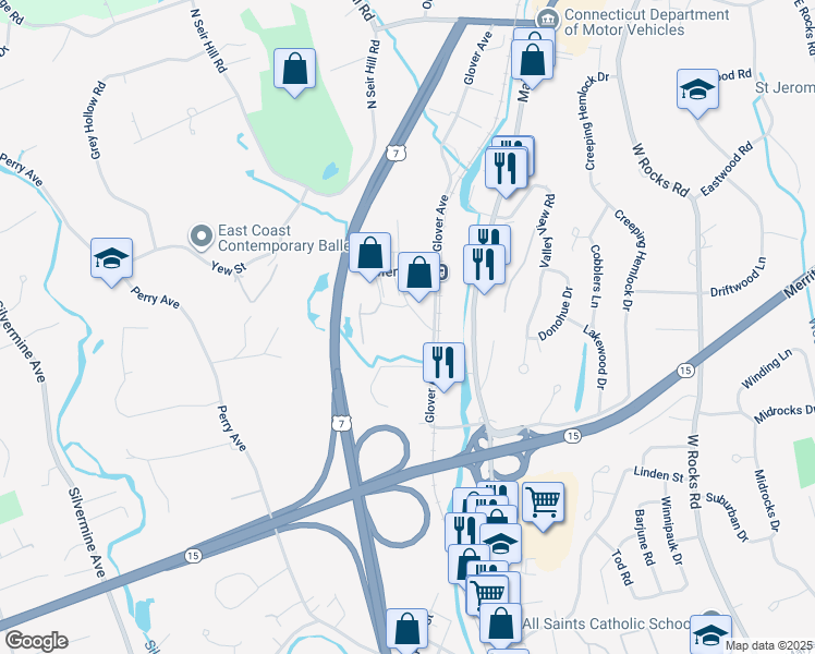 map of restaurants, bars, coffee shops, grocery stores, and more near 3 Seir Hill Road in Norwalk