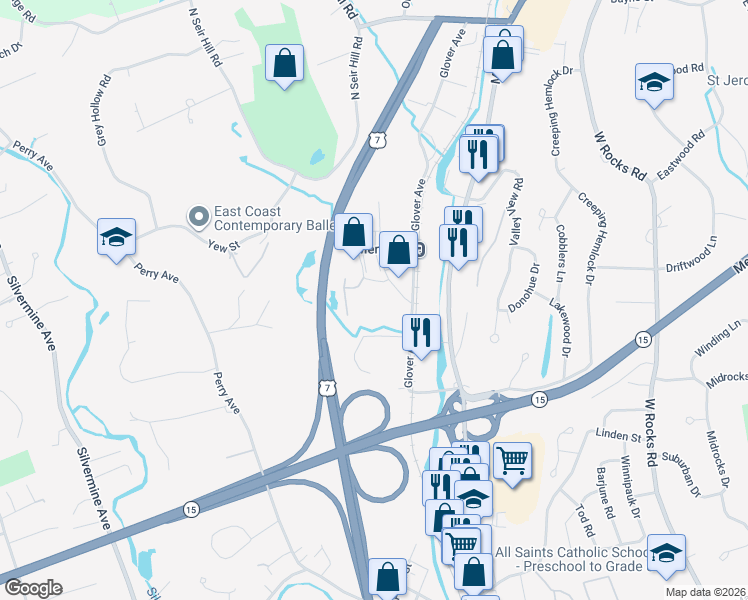 map of restaurants, bars, coffee shops, grocery stores, and more near 3 Seir Hill Road in Norwalk