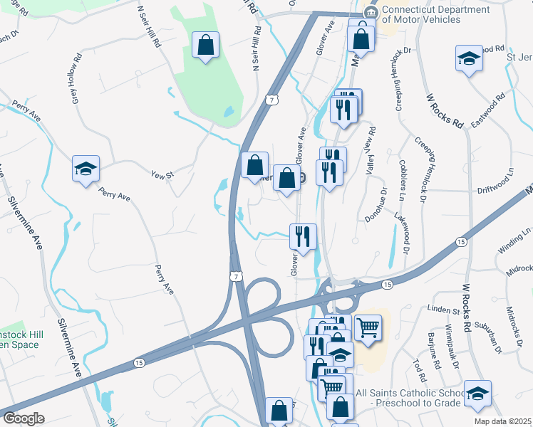 map of restaurants, bars, coffee shops, grocery stores, and more near 3 Seir Hill Road in Norwalk