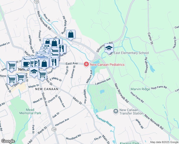 map of restaurants, bars, coffee shops, grocery stores, and more near 33 Millport Avenue in New Canaan