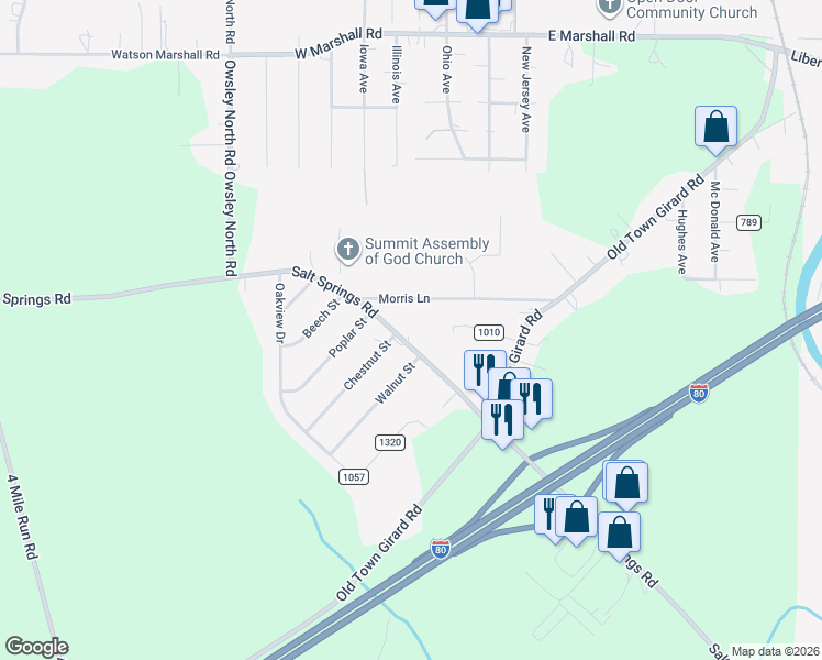 map of restaurants, bars, coffee shops, grocery stores, and more near 2606 Morris Lane in Girard