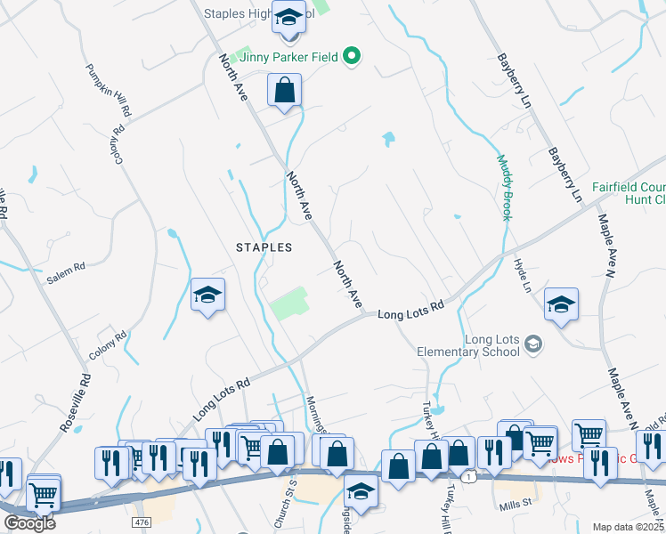 map of restaurants, bars, coffee shops, grocery stores, and more near 1 Blackberry Lane in Westport