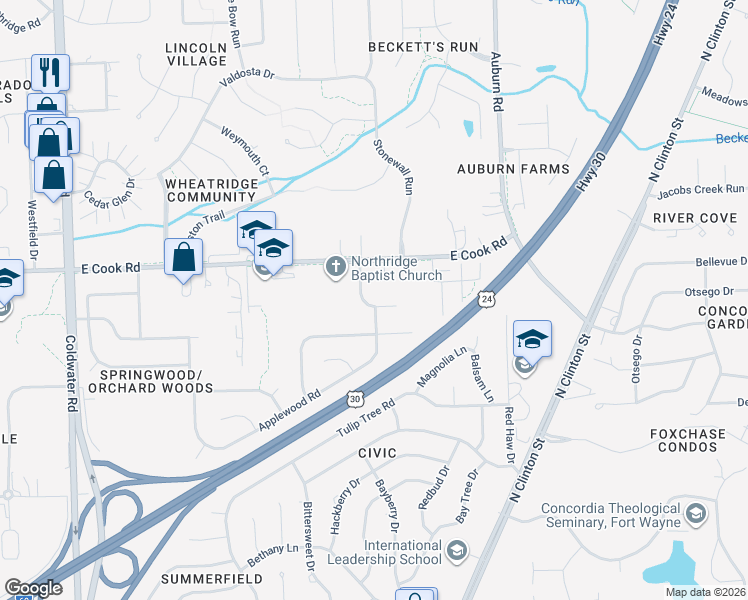 map of restaurants, bars, coffee shops, grocery stores, and more near 7202 Tangerine Lane in Fort Wayne