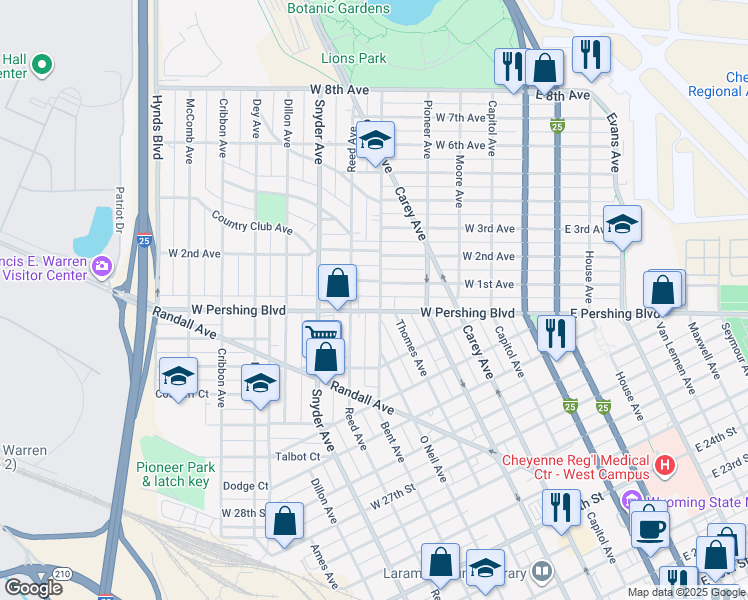 map of restaurants, bars, coffee shops, grocery stores, and more near 3308 Bent Ave in Cheyenne