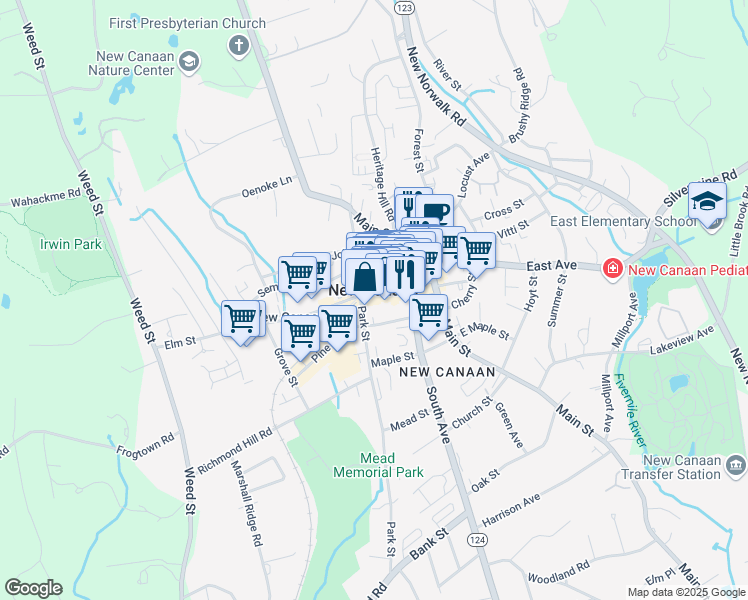 map of restaurants, bars, coffee shops, grocery stores, and more near in New Canaan