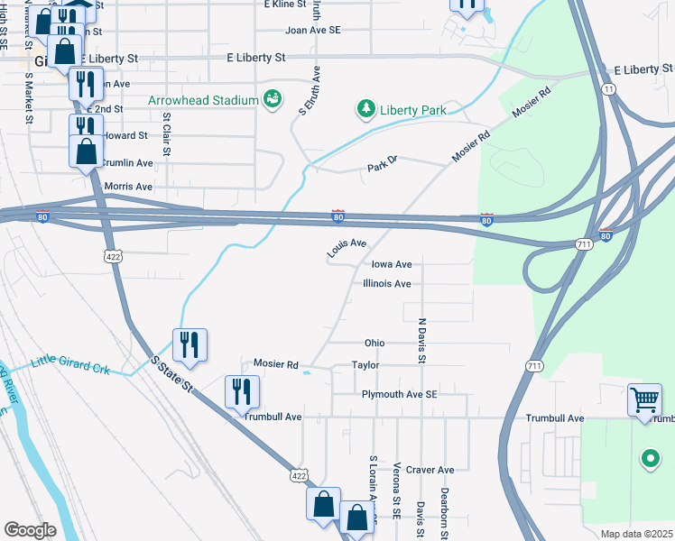 map of restaurants, bars, coffee shops, grocery stores, and more near 266 Carlin Avenue in Girard