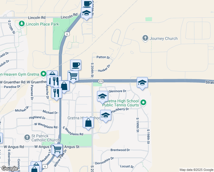 map of restaurants, bars, coffee shops, grocery stores, and more near 20222 Glenmore Drive in Gretna