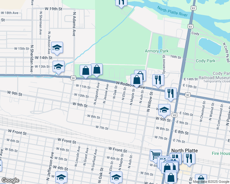 map of restaurants, bars, coffee shops, grocery stores, and more near 801 West 11th Street in North Platte
