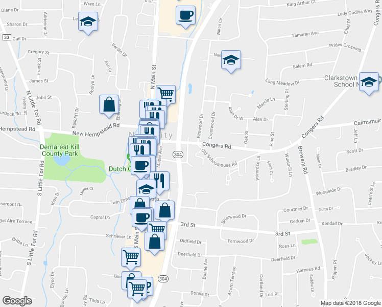 map of restaurants, bars, coffee shops, grocery stores, and more near 68 American Legion Way in New City