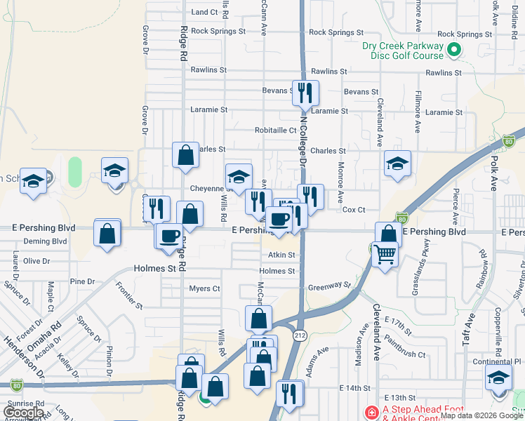 map of restaurants, bars, coffee shops, grocery stores, and more near 3321 McCann Avenue in Cheyenne