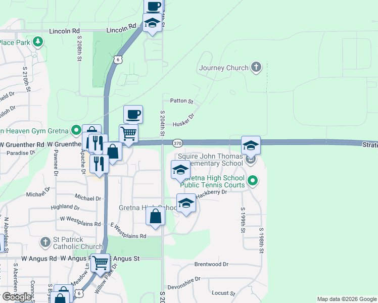 map of restaurants, bars, coffee shops, grocery stores, and more near 20222 Glenmore Drive in Gretna