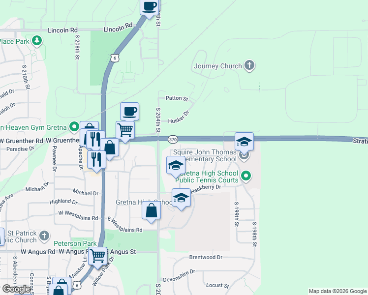 map of restaurants, bars, coffee shops, grocery stores, and more near 20222 Glenmore Drive in Gretna