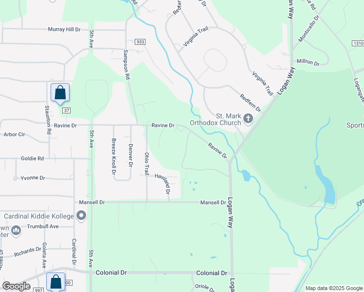 map of restaurants, bars, coffee shops, grocery stores, and more near 1025 Ravine Drive in Youngstown