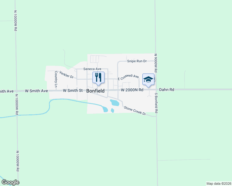 map of restaurants, bars, coffee shops, grocery stores, and more near 173 East Smith Street in Bonfield