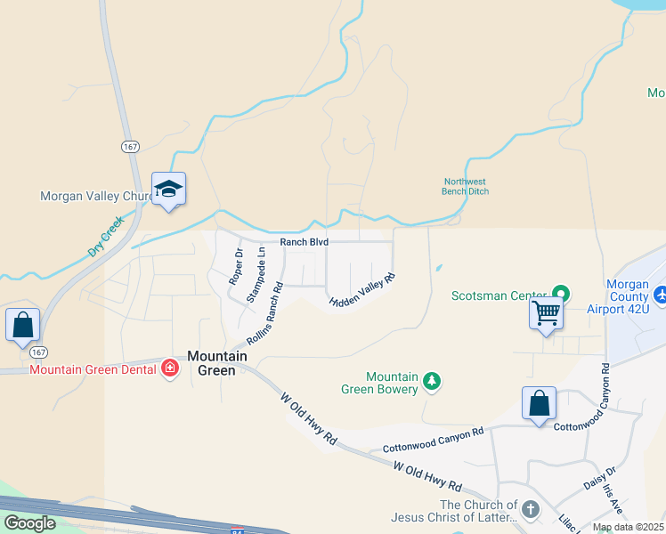 map of restaurants, bars, coffee shops, grocery stores, and more near 6040 Lariat Lane in Morgan