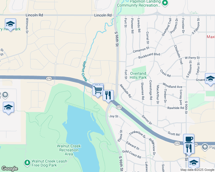 map of restaurants, bars, coffee shops, grocery stores, and more near 1007 Bison Circle in Papillion