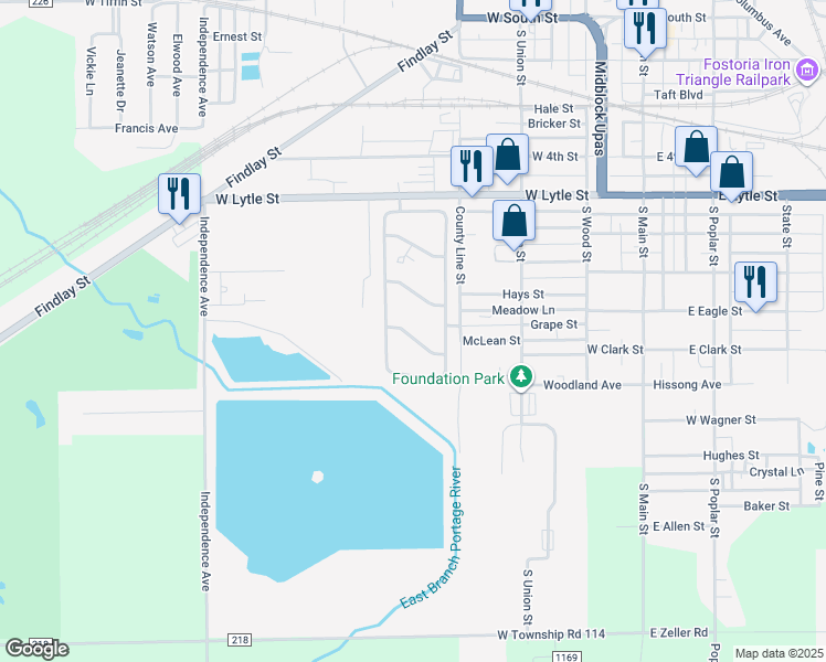 map of restaurants, bars, coffee shops, grocery stores, and more near 461 West Lytle Street in Fostoria