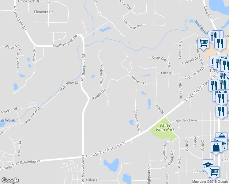 map of restaurants, bars, coffee shops, grocery stores, and more near 616 Meredith Lane in Cuyahoga Falls