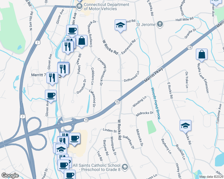 map of restaurants, bars, coffee shops, grocery stores, and more near 183 West Rocks Road in Norwalk