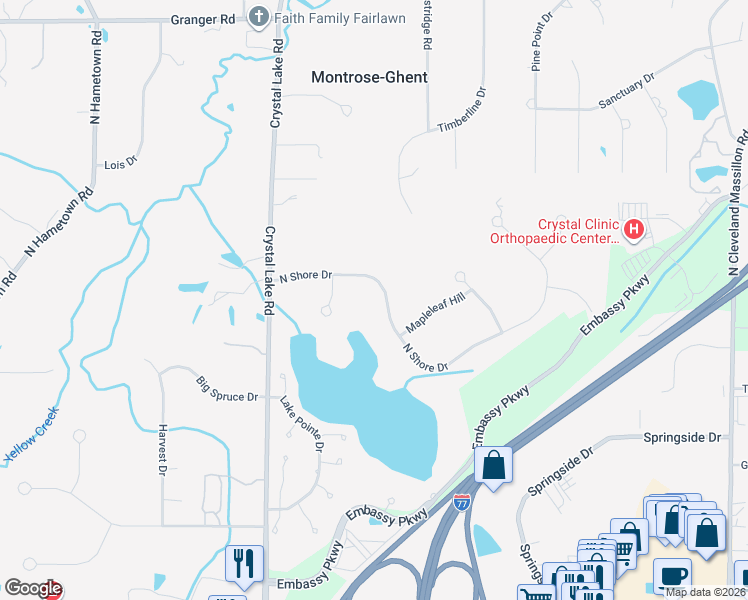 map of restaurants, bars, coffee shops, grocery stores, and more near 3922 North Shore Drive in Akron