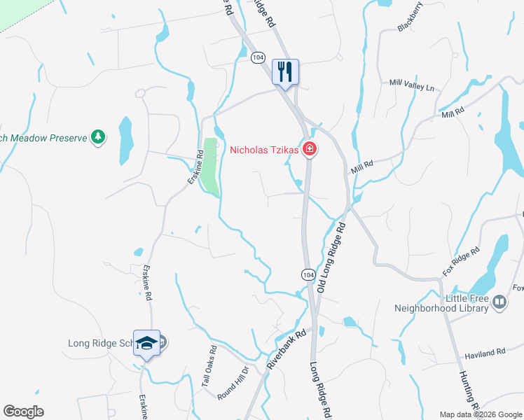 map of restaurants, bars, coffee shops, grocery stores, and more near 41 Old Wagon Road in Stamford