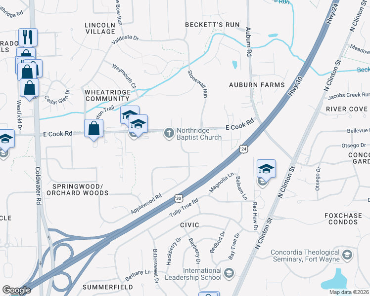 map of restaurants, bars, coffee shops, grocery stores, and more near 7202 Tangerine Lane in Fort Wayne