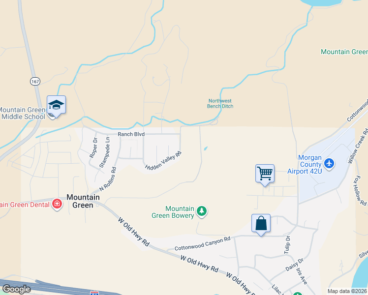 map of restaurants, bars, coffee shops, grocery stores, and more near 6038 North Hidden Valley Road in Morgan