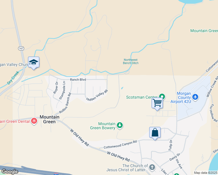 map of restaurants, bars, coffee shops, grocery stores, and more near 6038 Hidden Valley Road in Morgan